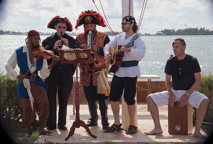 Live music for the ceremony was provided by 'The Salty Minnows'. Lori Robinson and Dan Guerrard celebrated their nuptuals on Saturday 12th July with a pirate-themed wedding at Spanish Point Boat Club. *Photo by Jennie Foster Skelton