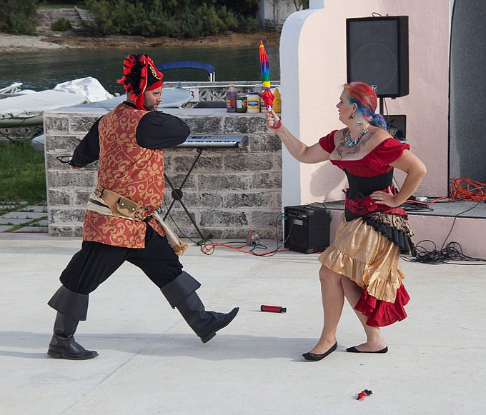 The pirate lovers performed a 'first fight' instead of a first dance. Lori Robinson and Dan Guerrard celebrated their nuptuals on Saturday 12th July with a pirate-themed wedding at Spanish Point Boat Club. *Photo by Gary Foster Skelton